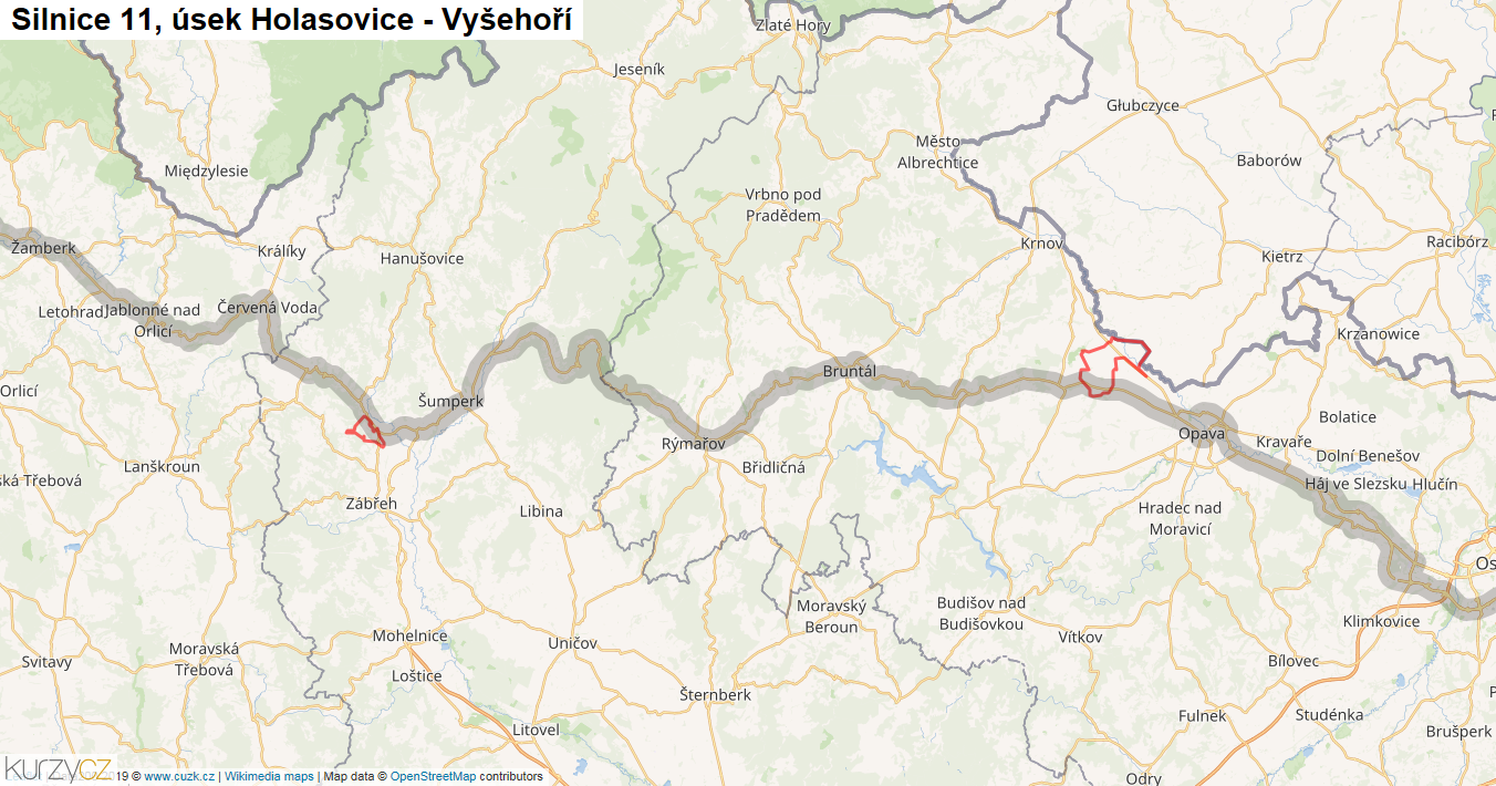 Úsek Holasovice - Vyšehoří, Silnice 11 - Mapa