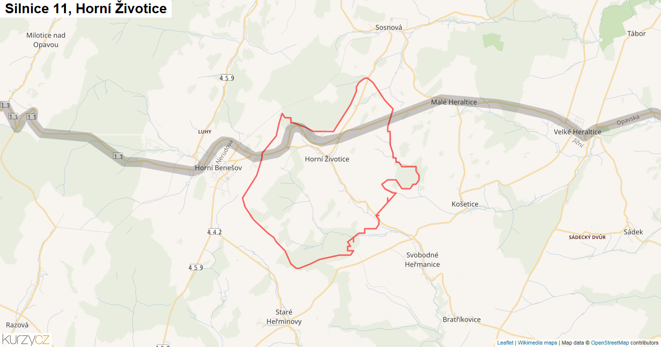 Horní Životice, Silnice 11 - Mapa