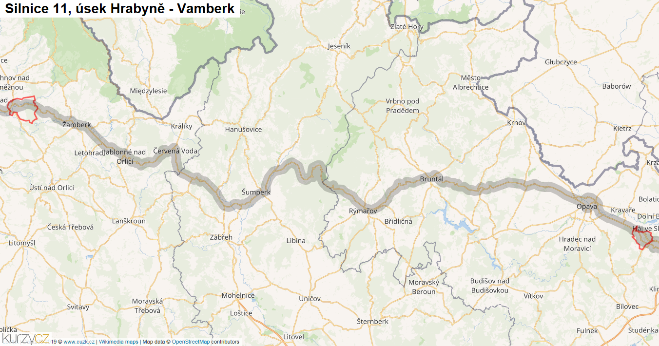 Úsek Hrabyně - Vamberk, Silnice 11 - Mapa