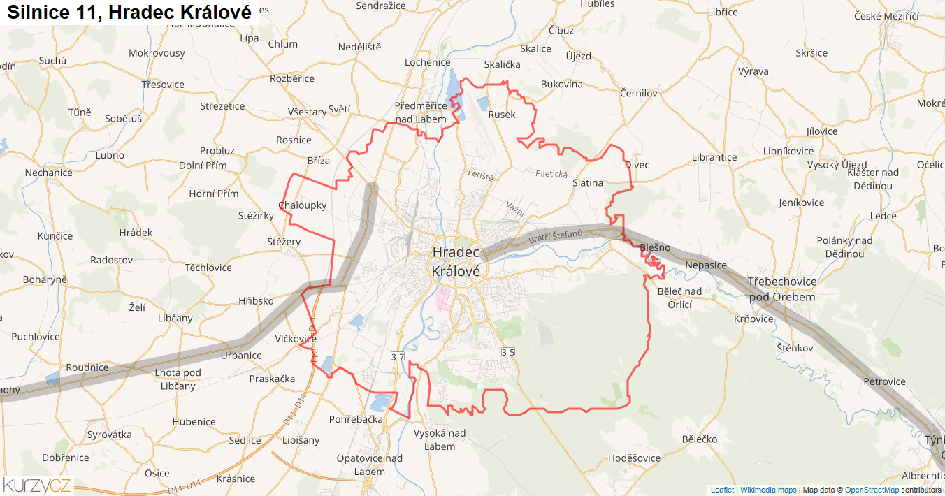 Hradec Králové, Silnice 11 - Mapa