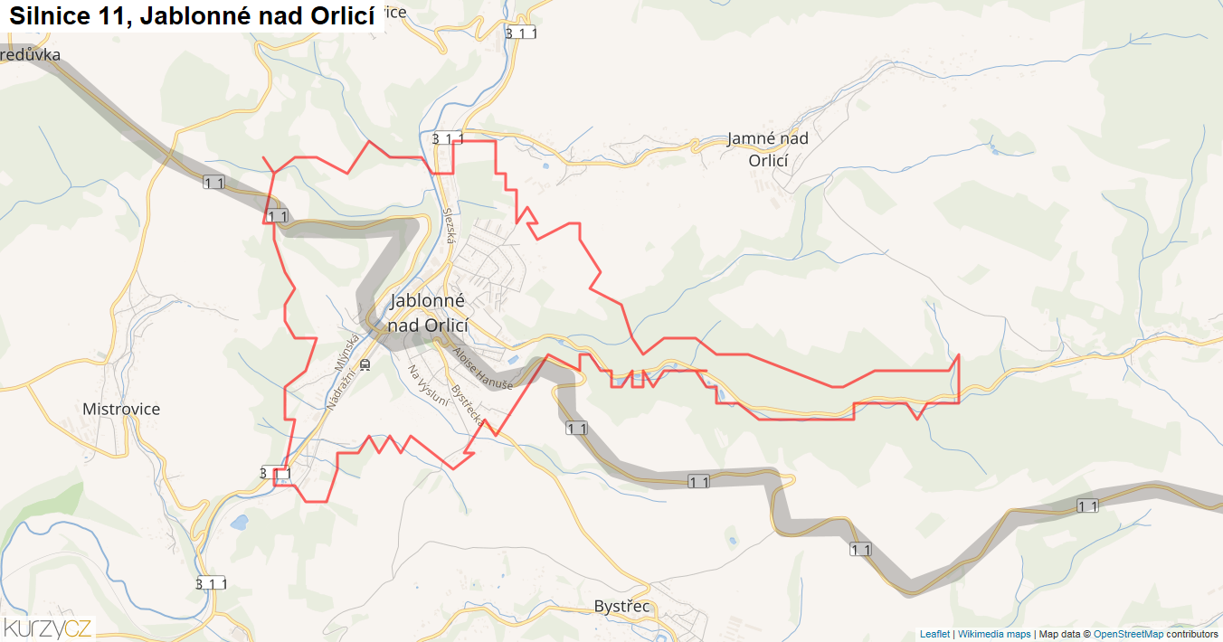 Jablonné nad Orlicí, Silnice 11 - Mapa