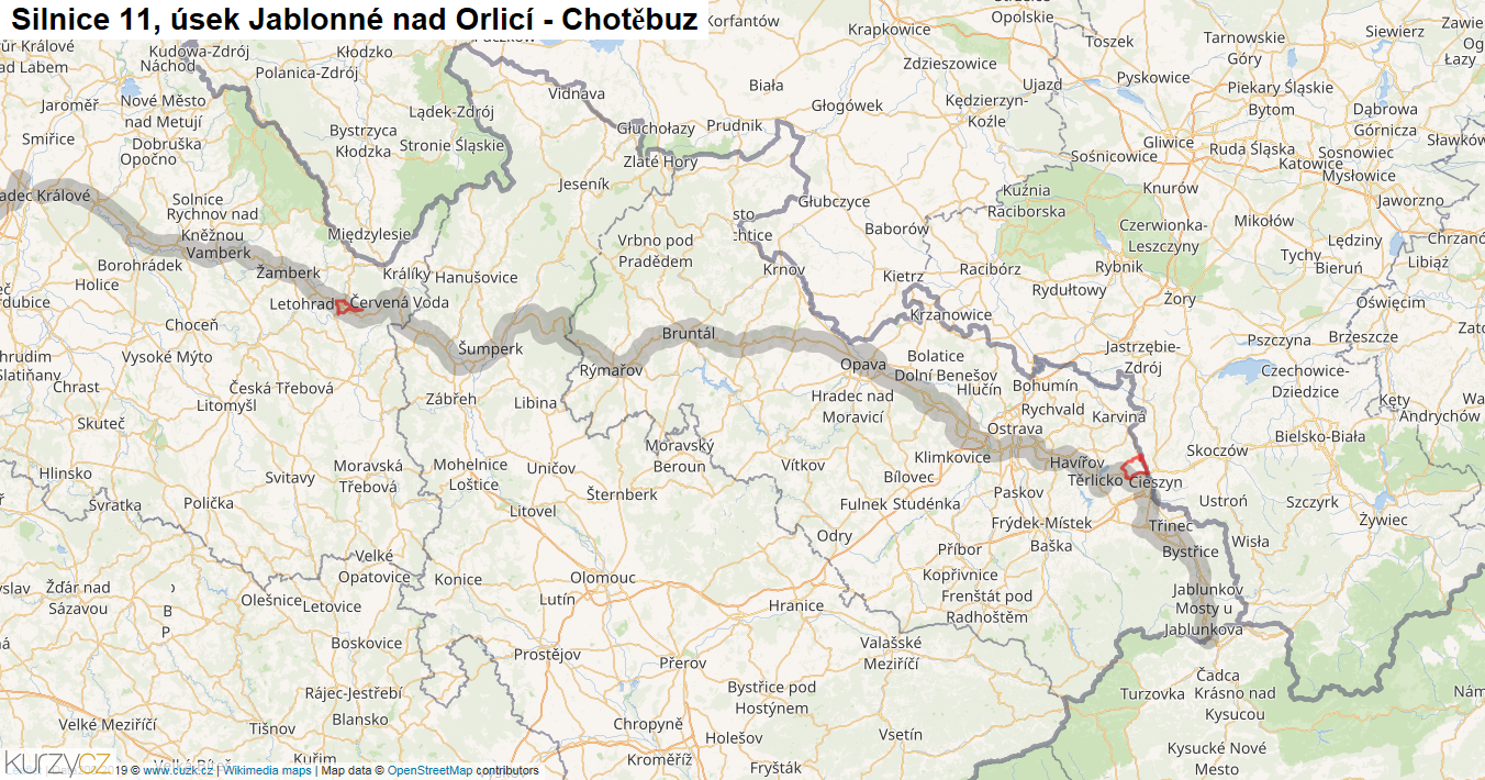 Úsek Jablonné nad Orlicí - Chotěbuz, Silnice 11 - Mapa