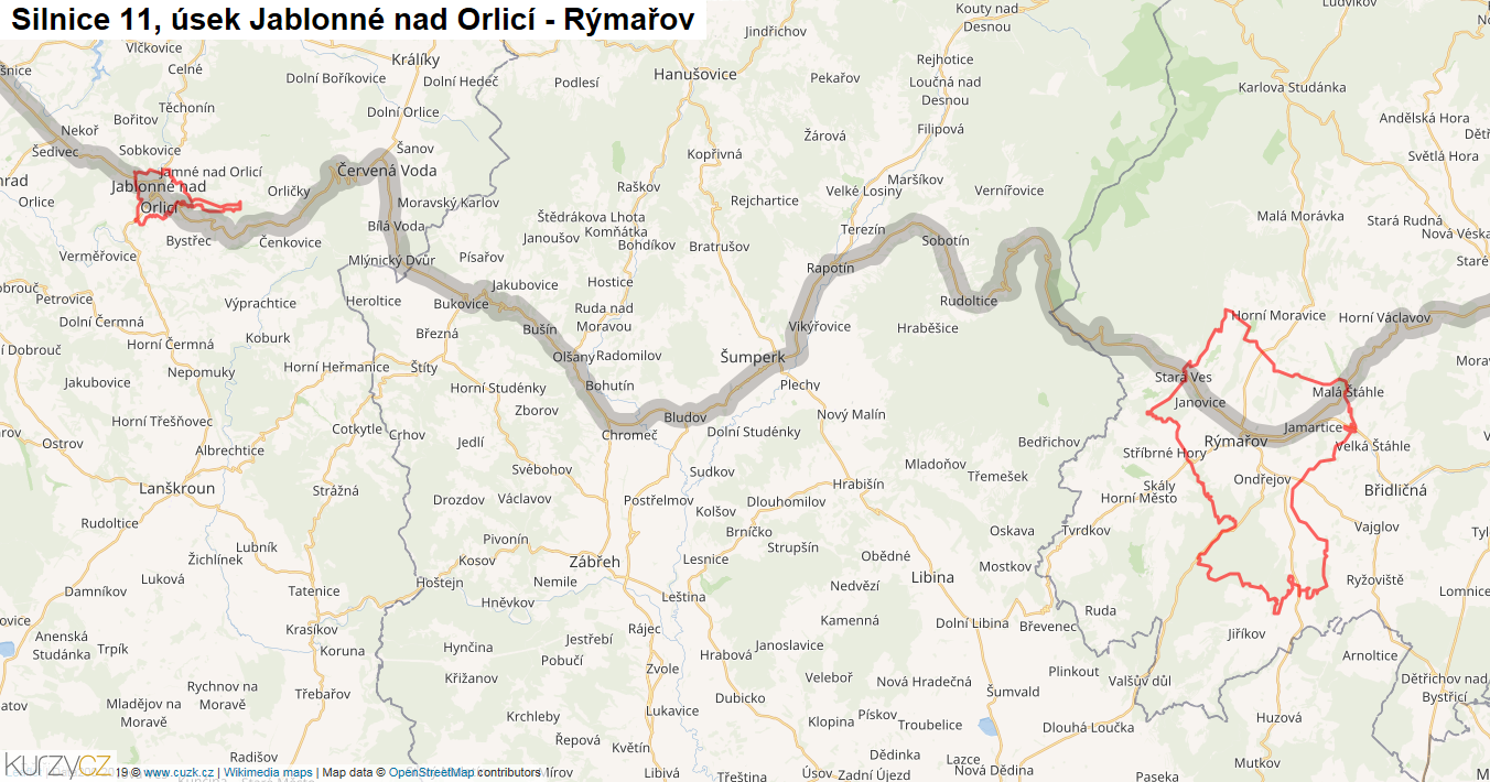 Úsek Jablonné nad Orlicí - Rýmařov, Silnice 11 - Mapa
