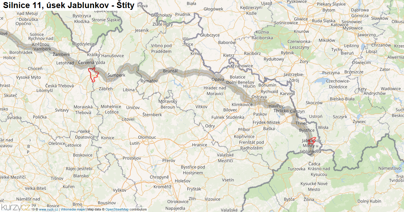 Úsek Jablunkov - Štíty, Silnice 11 - Mapa