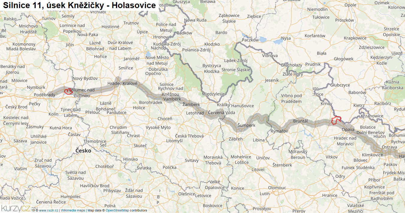 Úsek Kněžičky - Holasovice, Silnice 11 - Mapa