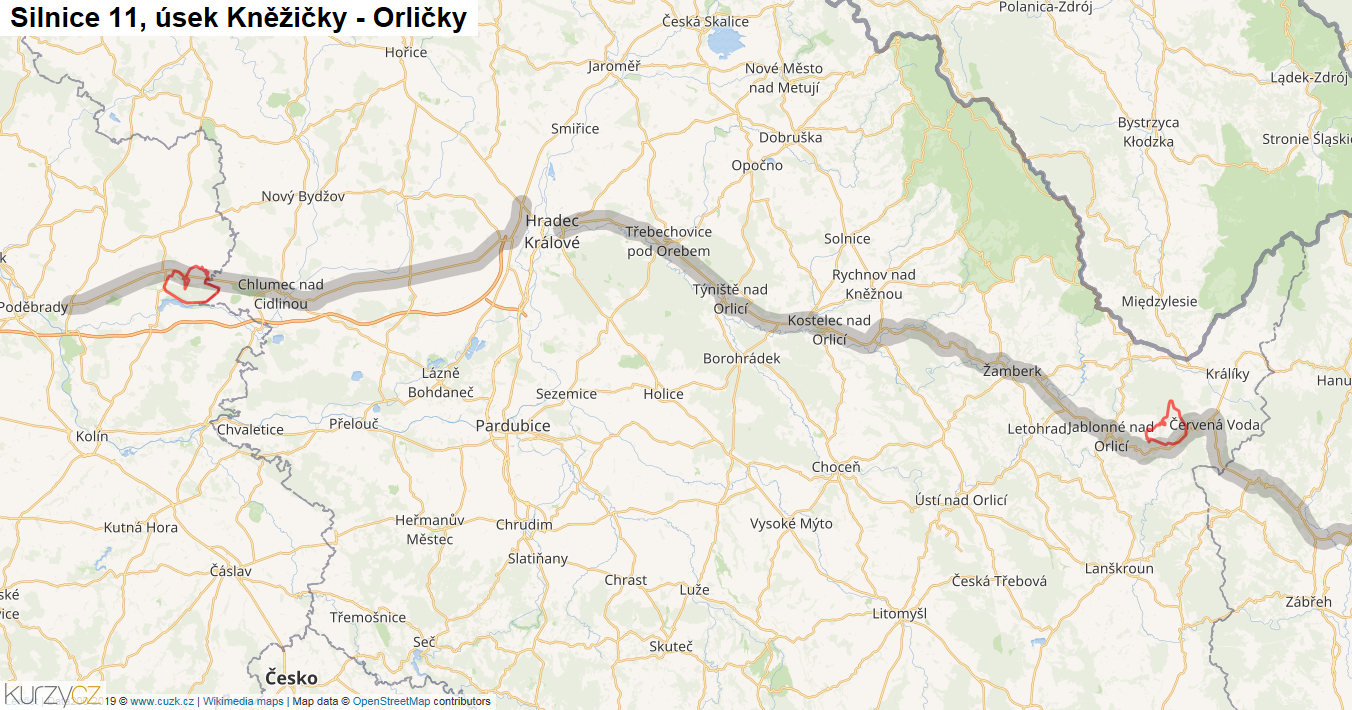 Úsek Kněžičky - Orličky, Silnice 11 - Mapa