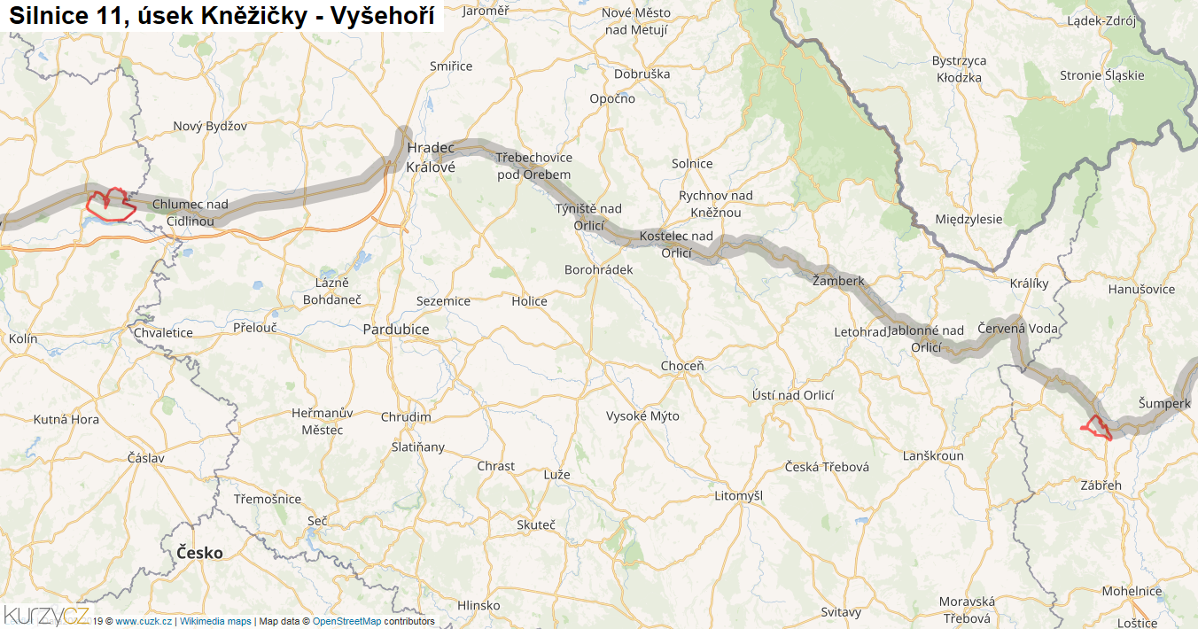 Úsek Kněžičky - Vyšehoří, Silnice 11 - Mapa