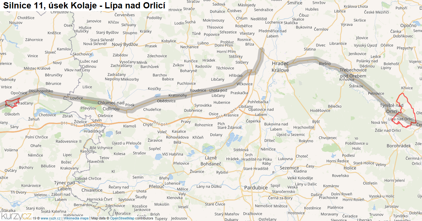 Úsek Kolaje - Lípa nad Orlicí, Silnice 11 - Mapa