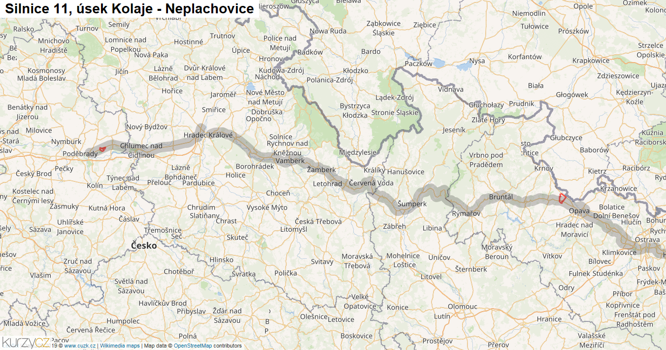 Úsek Kolaje - Neplachovice, Silnice 11 - Mapa