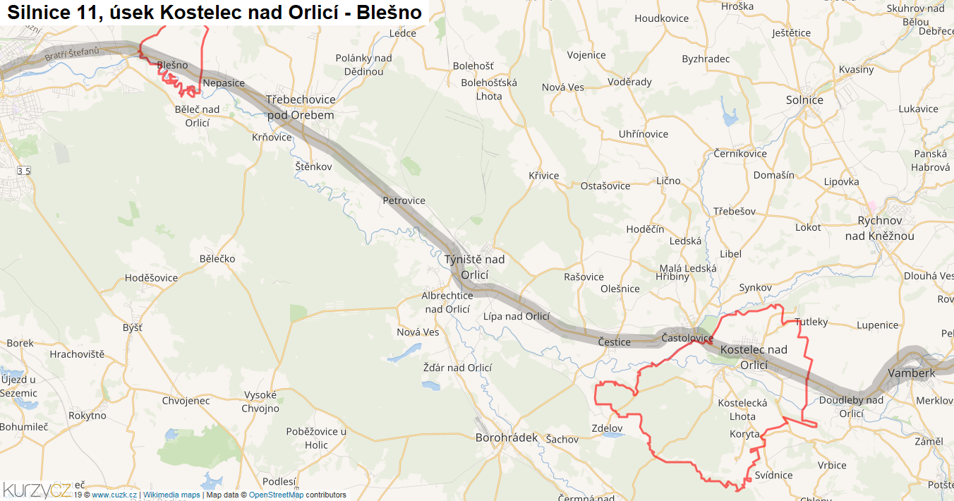 Úsek Kostelec nad Orlicí - Blešno, Silnice 11 - Mapa