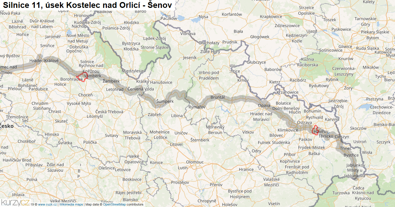 Úsek Kostelec nad Orlicí - Šenov, Silnice 11 - Mapa