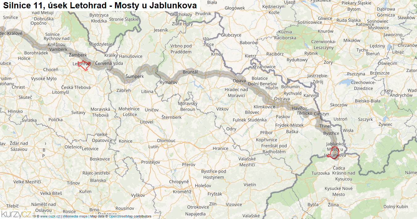 Úsek Letohrad - Mosty u Jablunkova, Silnice 11 - Mapa