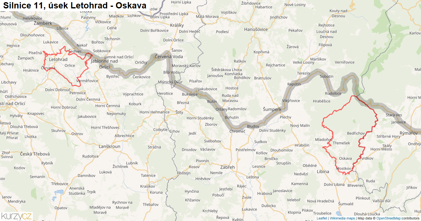 Úsek Letohrad - Oskava, Silnice 11 - Mapa