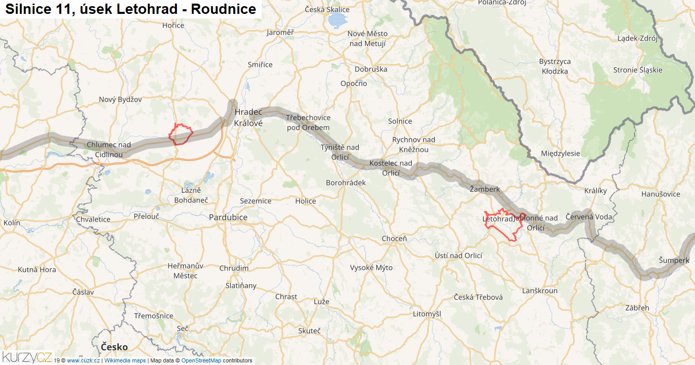 Úsek Letohrad - Roudnice, Silnice 11 - Mapa