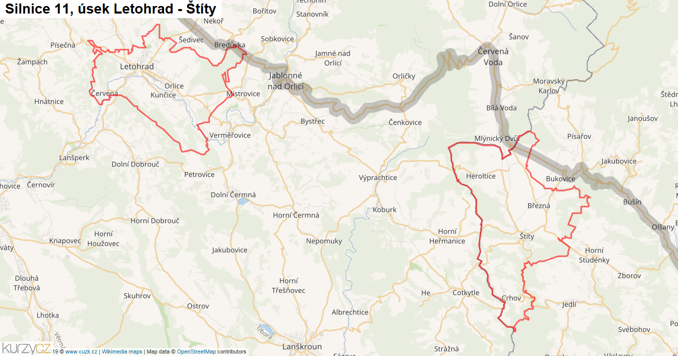Úsek Letohrad - Štíty, Silnice 11 - Mapa