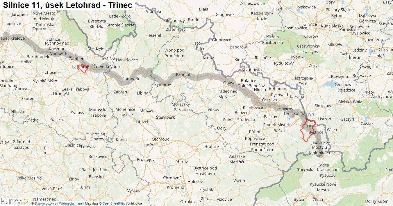 Úsek Letohrad - Třinec, Silnice 11 - Mapa