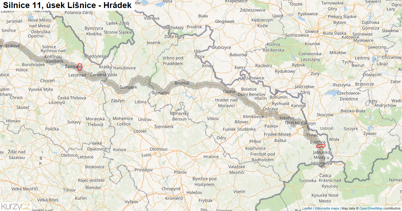 Úsek Líšnice - Hrádek, Silnice 11 - Mapa