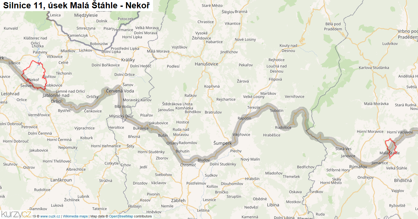 Úsek Malá Štáhle - Nekoř, Silnice 11 - Mapa