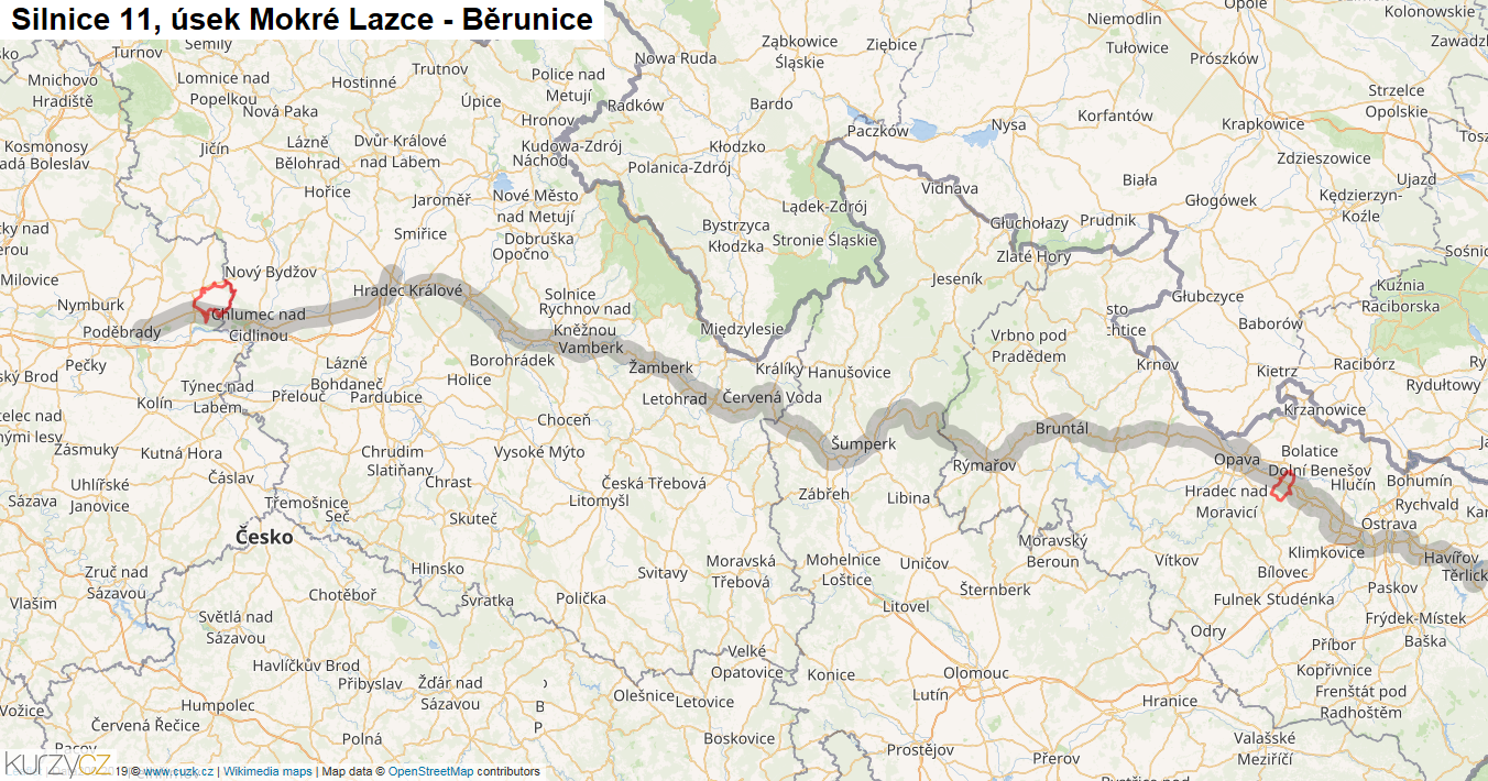 Úsek Mokré Lazce - Běrunice, Silnice 11 - Mapa