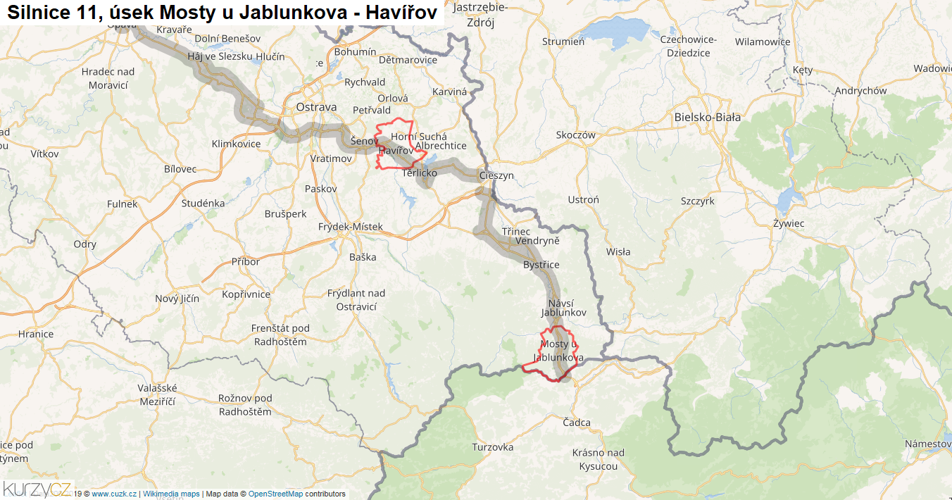 Úsek Mosty u Jablunkova - Havířov, Silnice 11 - Mapa
