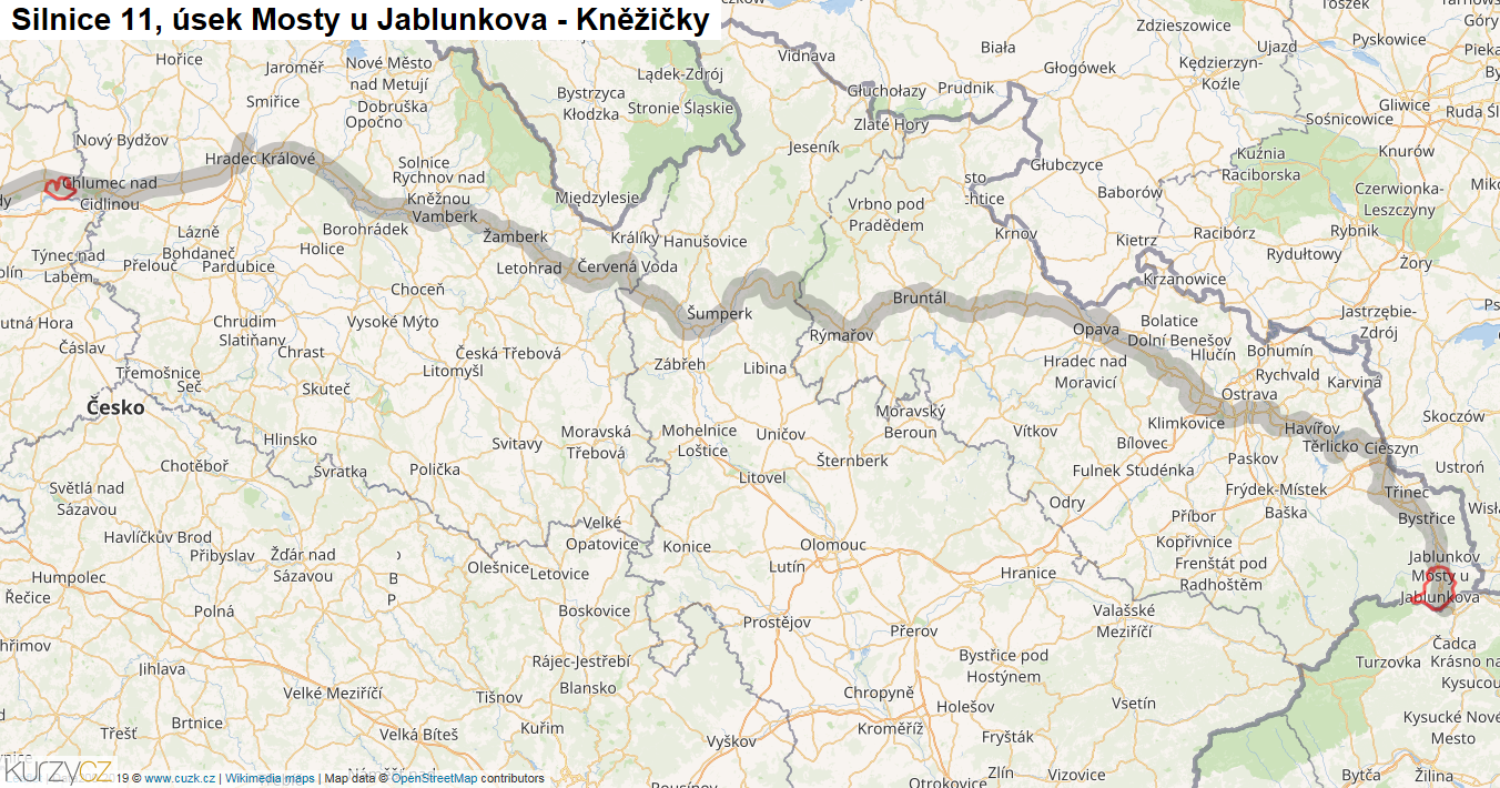 Úsek Mosty u Jablunkova - Kněžičky, Silnice 11 - Mapa