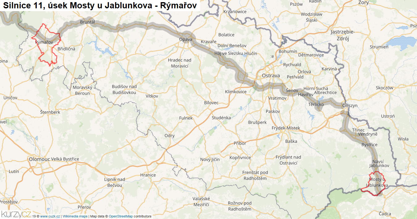 Úsek Mosty u Jablunkova - Rýmařov, Silnice 11 - Mapa