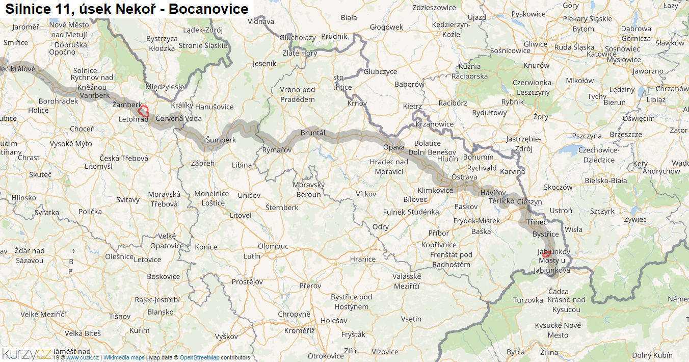 Úsek Nekoř - Bocanovice, Silnice 11 - Mapa