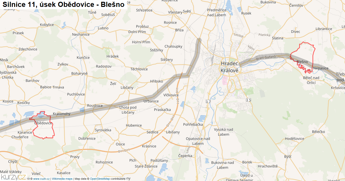 Úsek Obědovice - Blešno, Silnice 11 - Mapa