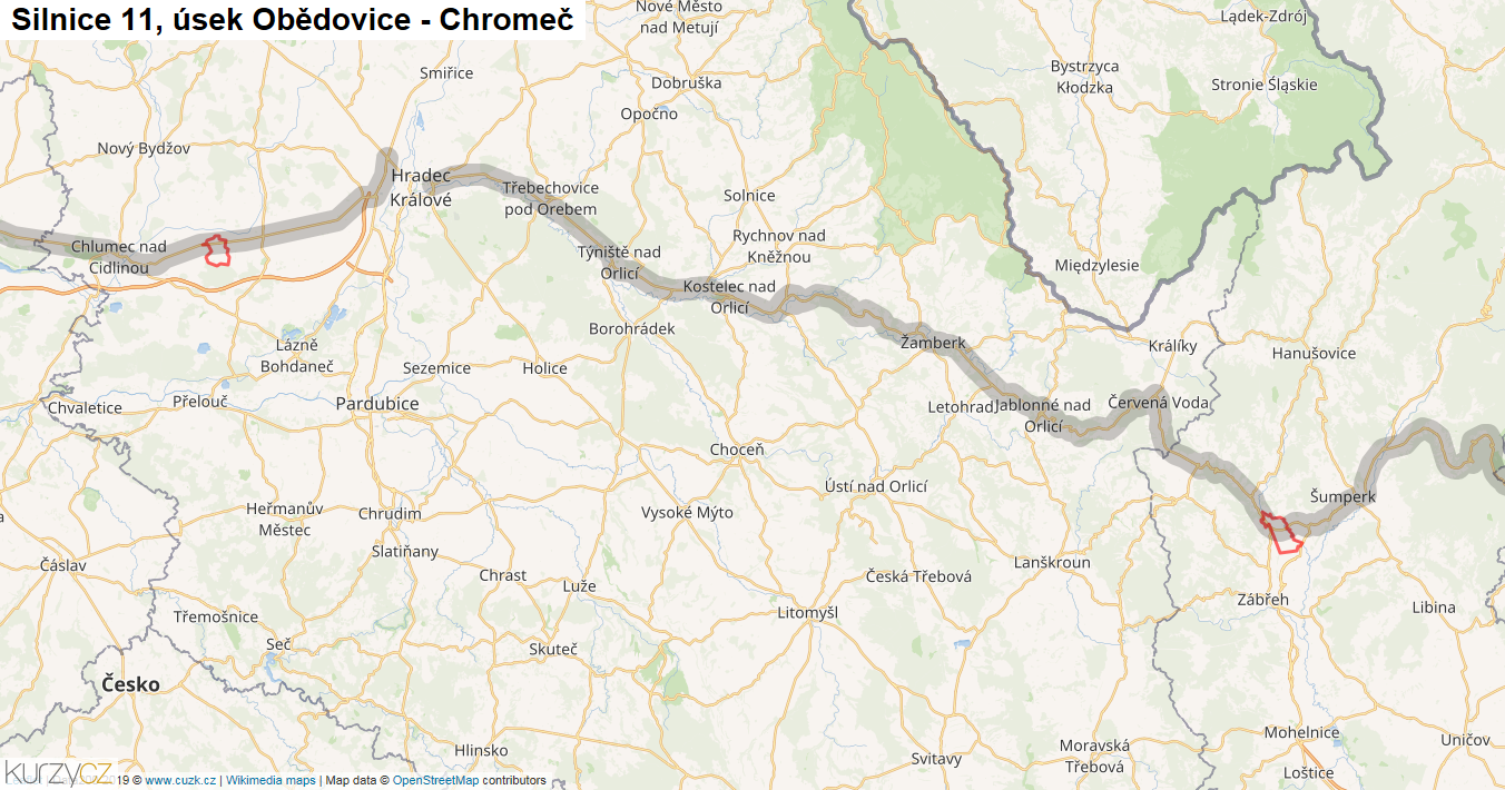 Úsek Obědovice - Chromeč, Silnice 11 - Mapa