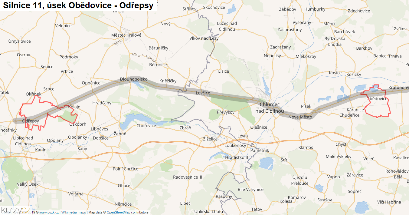 Úsek Obědovice - Odřepsy, Silnice 11 - Mapa