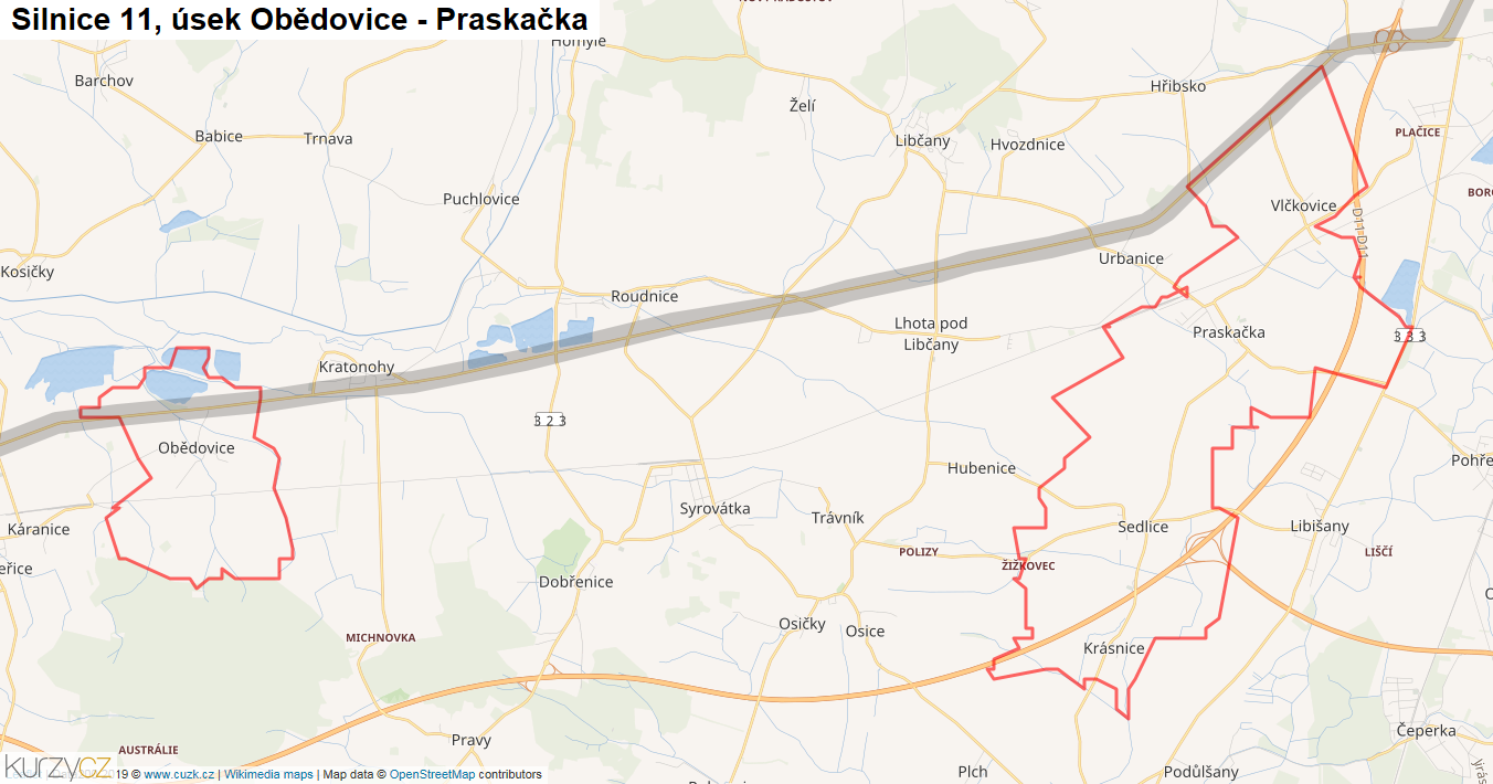 Úsek Obědovice - Praskačka, Silnice 11 - Mapa