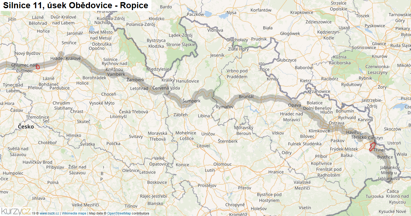 Úsek Obědovice - Ropice, Silnice 11 - Mapa