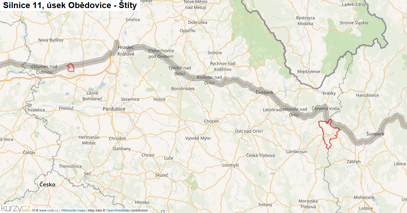 Úsek Obědovice - Štíty, Silnice 11 - Mapa
