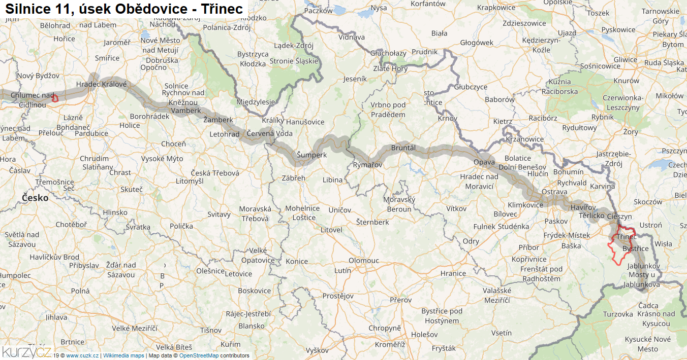 Úsek Obědovice - Třinec, Silnice 11 - Mapa