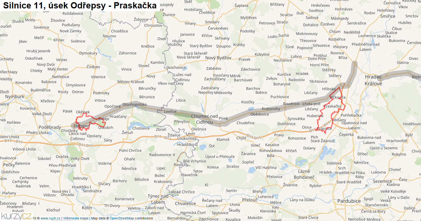 Úsek Odřepsy - Praskačka, Silnice 11 - Mapa