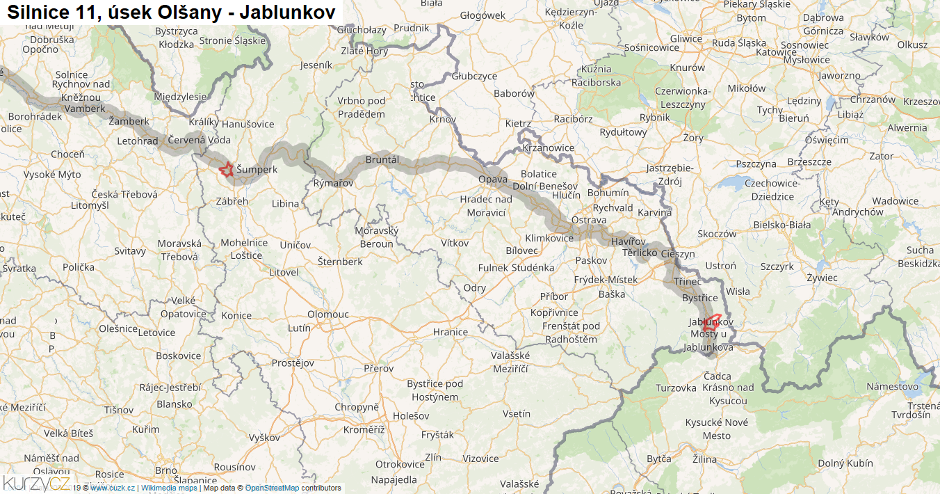 Úsek Olšany - Jablunkov, Silnice 11 - Mapa