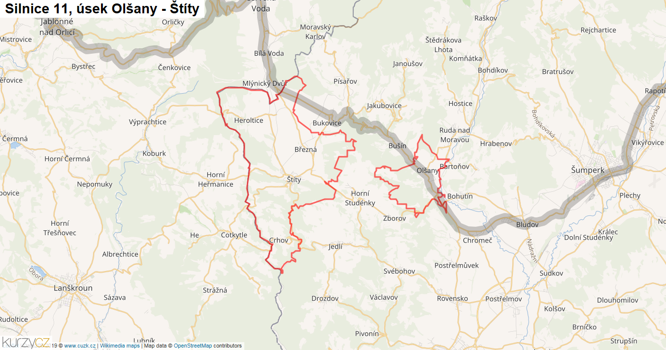 Úsek Olšany - Štíty, Silnice 11 - Mapa