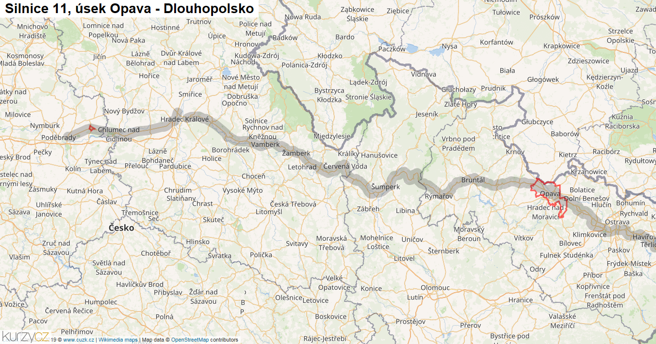 Úsek Opava - Dlouhopolsko, Silnice 11 - Mapa