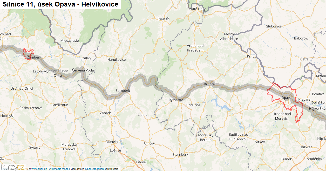 Úsek Opava - Helvíkovice, Silnice 11 - Mapa