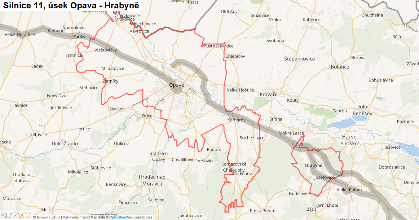 Úsek Opava - Hrabyně, Silnice 11 - Mapa