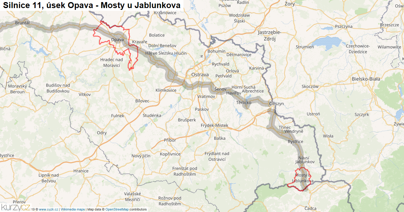 Úsek Opava - Mosty u Jablunkova, Silnice 11 - Mapa