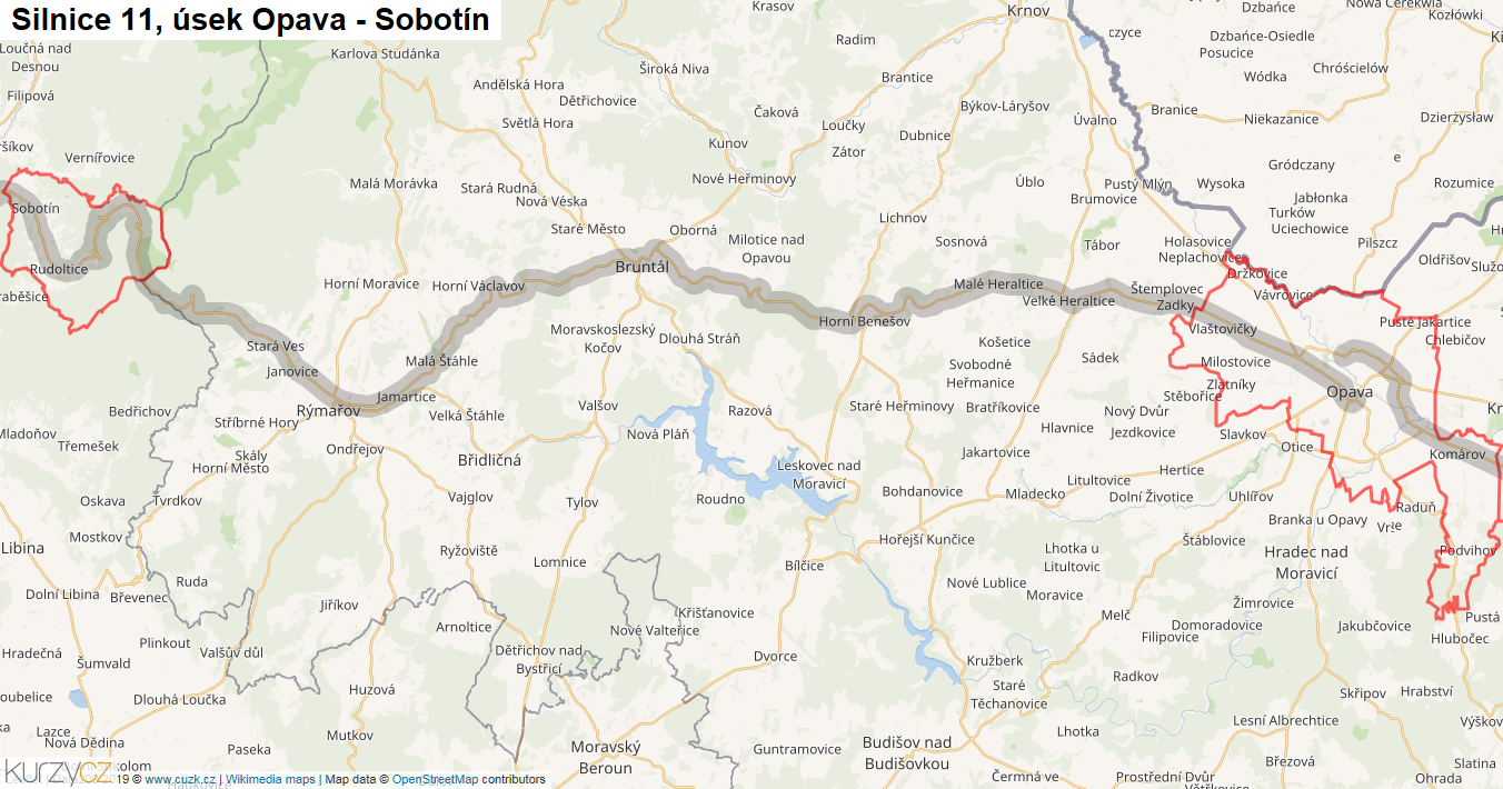 Úsek Opava - Sobotín, Silnice 11 - Mapa