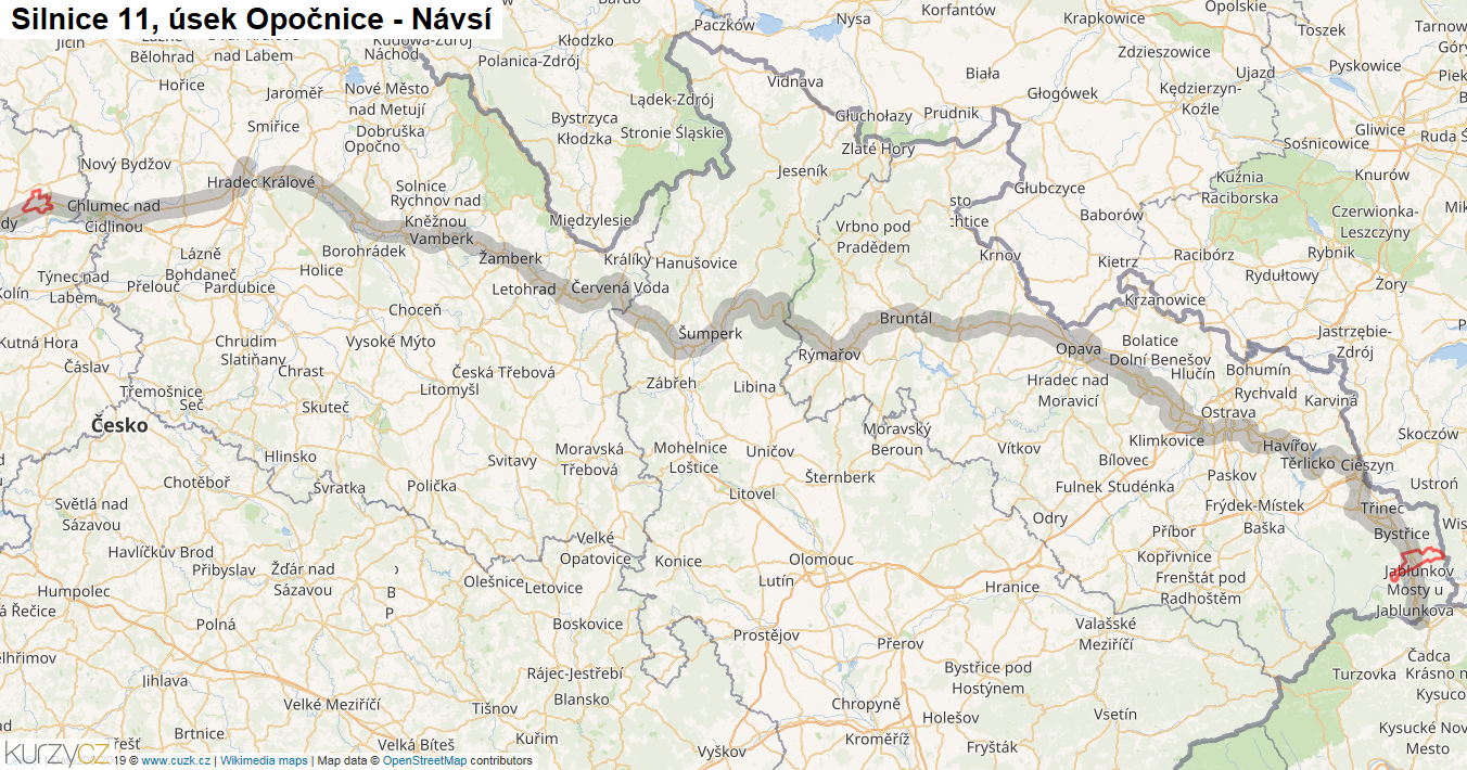 Úsek Opočnice - Návsí, Silnice 11 - Mapa