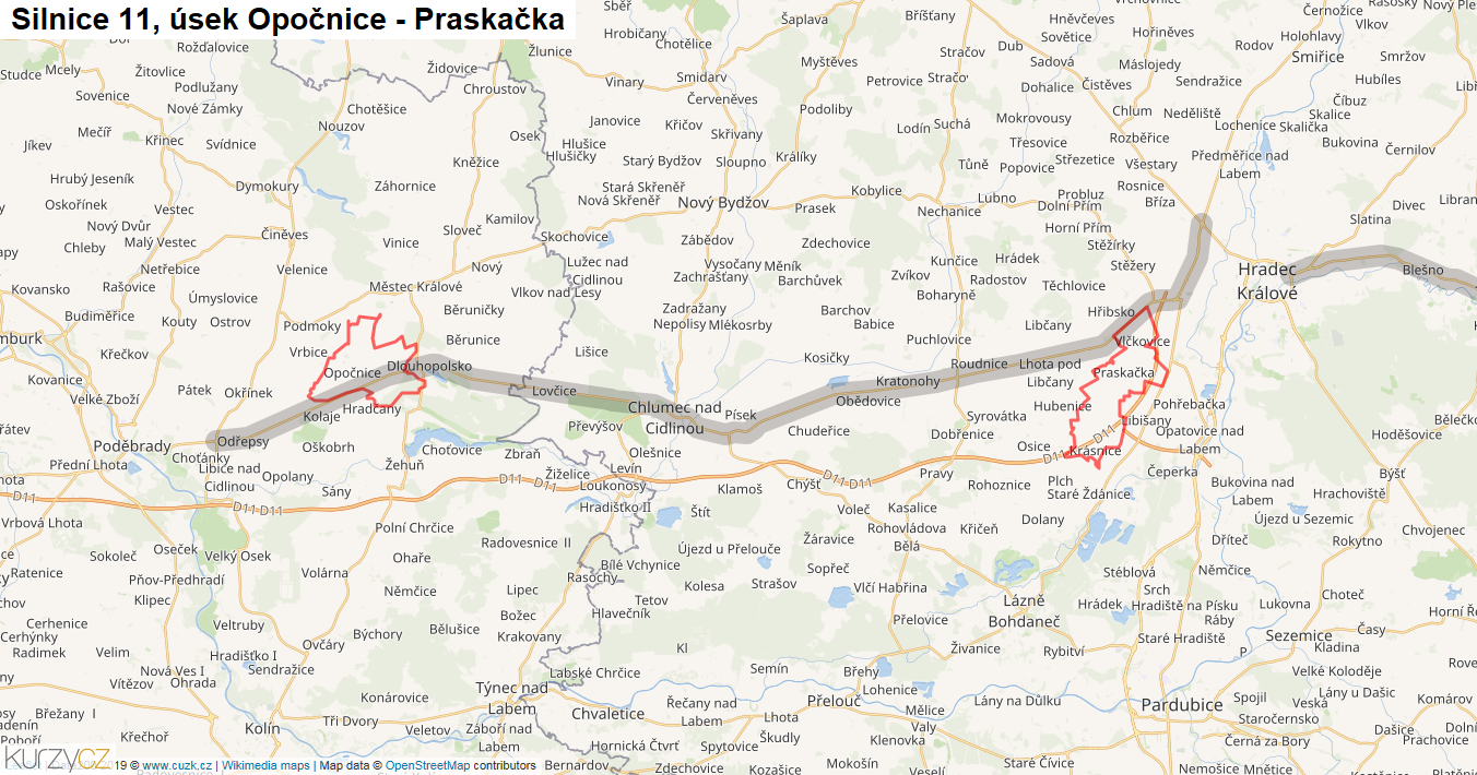 Úsek Opočnice - Praskačka, Silnice 11 - Mapa