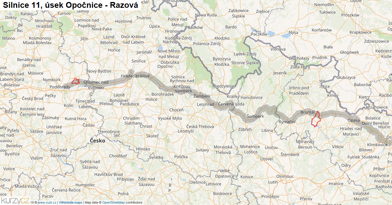 Úsek Opočnice - Razová, Silnice 11 - Mapa