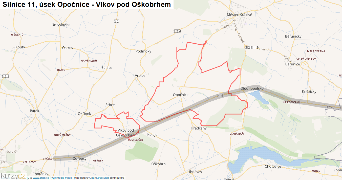 Úsek Opočnice - Vlkov pod Oškobrhem, Silnice 11 - Mapa