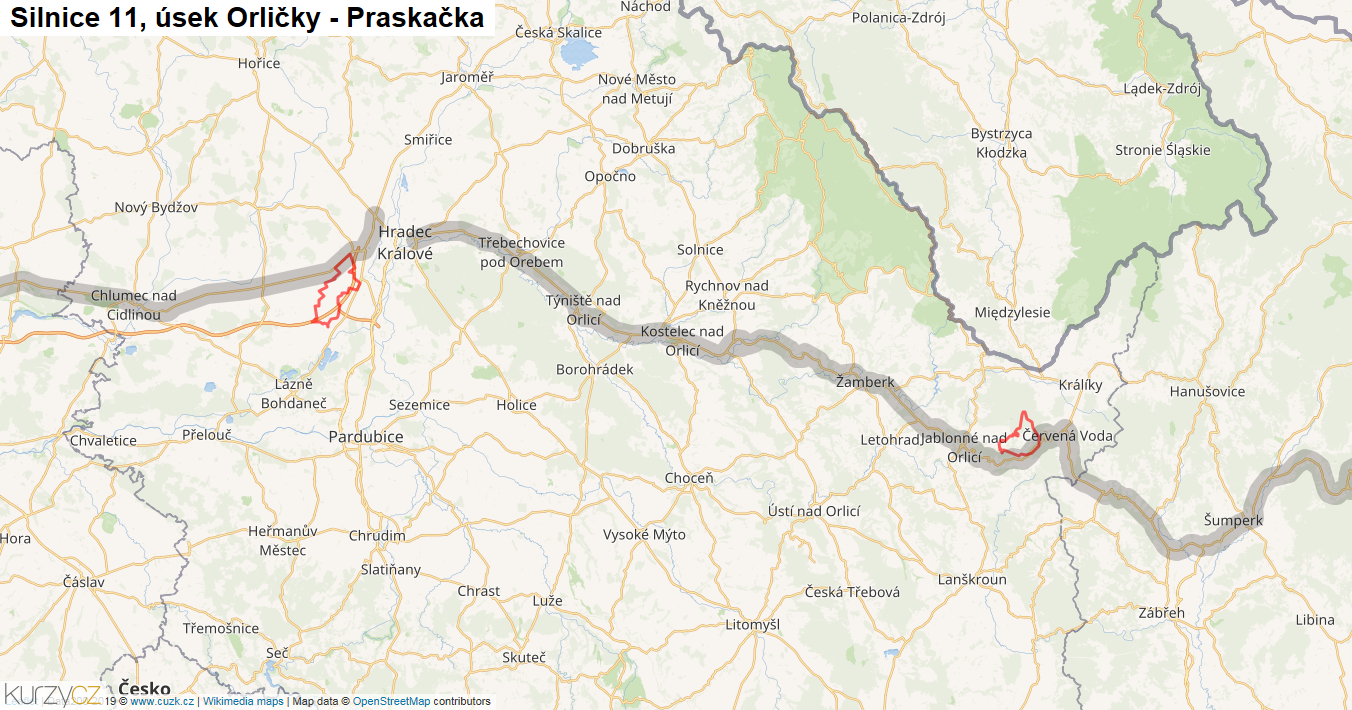Úsek Orličky - Praskačka, Silnice 11 - Mapa