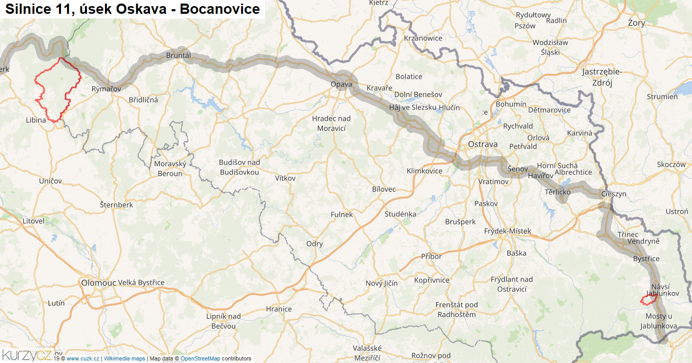 Úsek Oskava - Bocanovice, Silnice 11 - Mapa