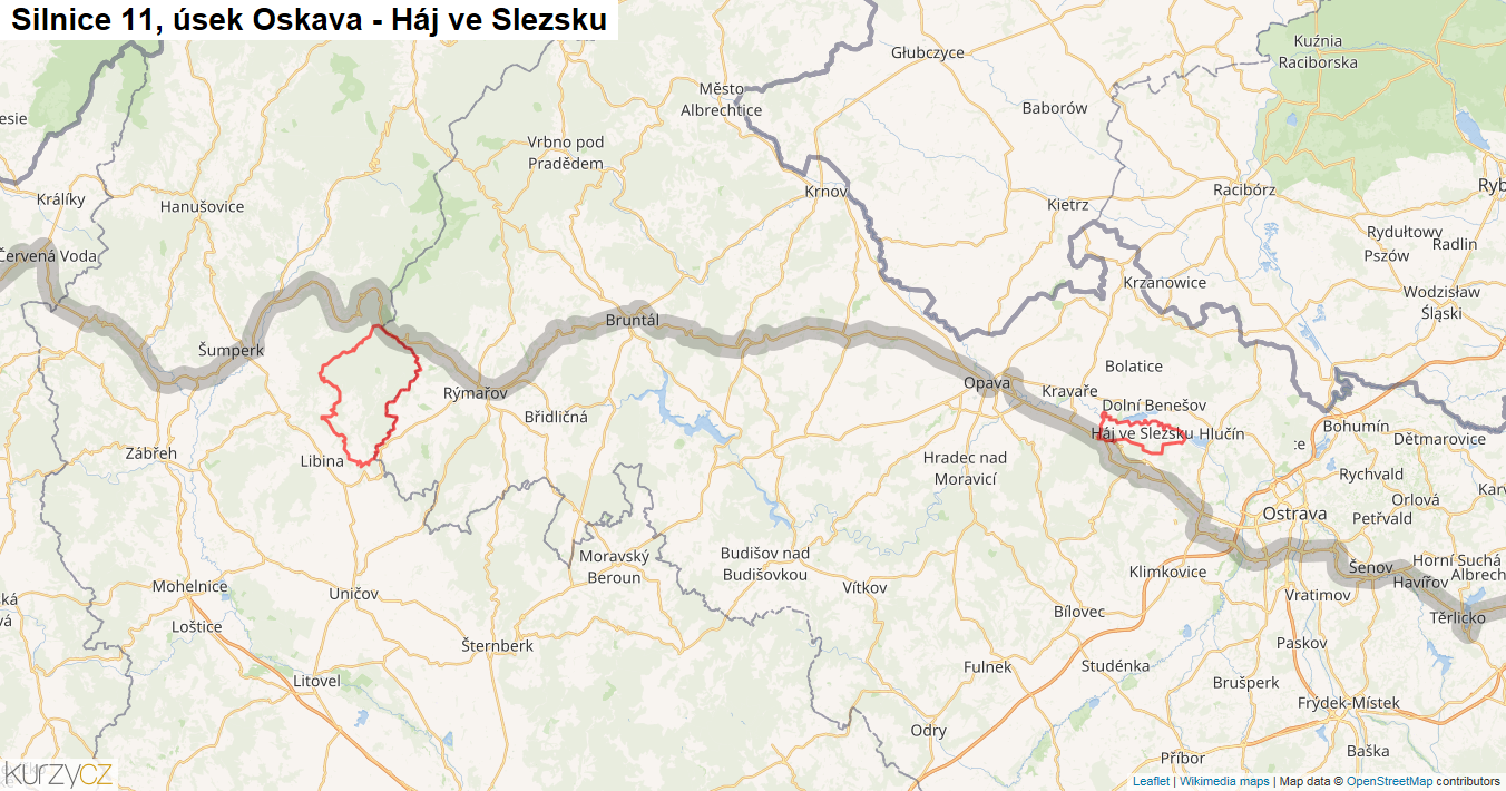 Úsek Oskava - Háj ve Slezsku, Silnice 11 - Mapa