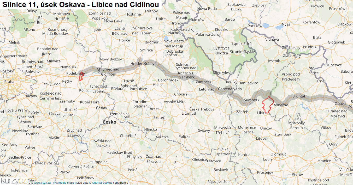 Úsek Oskava - Libice nad Cidlinou, Silnice 11 - Mapa